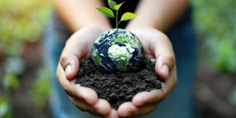 hands holding a earth globe plant, sustainable development