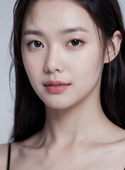 Naklejka premium Asian woman skin care model with clean skin, black hair and black eyes