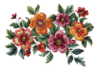 Exquisite botanical embroidery art with colorful flowers, cut out - stock png.