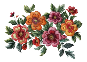 Foto auf Acrylglas Exquisite botanical embroidery art with colorful flowers on transparent background - stock png. © Volodymyr