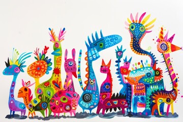 Bright and bold watercolor painting showcasing a variety of abstract fantasy creatures in vibrant...
