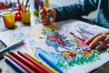 Naklejka premium Close-up of a child's hands coloring a vibrant drawing of a smiling wizard with crayons on a paper, surrounded by art supplies.