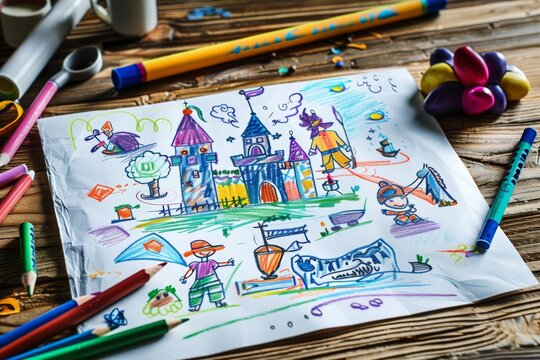 A child's imaginative crayon drawing featuring a fairytale castle, colorful characters, and playful elements, on a wooden background with drawing materials.
