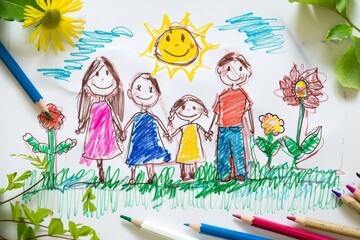 A child's heartfelt crayon drawing of a family holding hands under a smiling sun, with colorful flowers and blue sky. - Powered by Adobe
