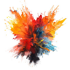Multicolored paint bursts create an explosive effect against the white background.