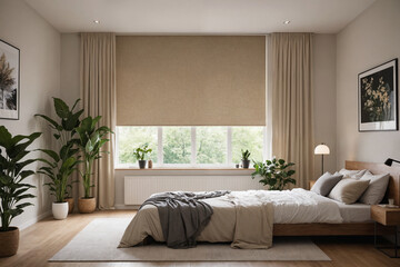 Fototapeta premium Beige blackout roller blind on windows in stylish modern badroom. Shutters on the plastic window.