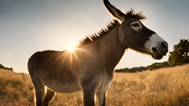 A donkey in the meadow at sunset 