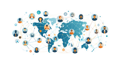 Global business structure of networking. Analysis and data exchange customer connection, HR recruitment and global outsourcing, Customer service, Teamwork, Strategy
