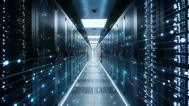 Corridor in Working Data Center Full of Rack Servers