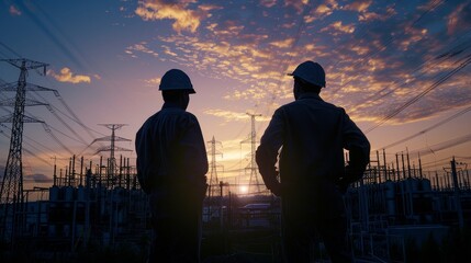 Silhouettes of engineers standing at a power station, discussing plans