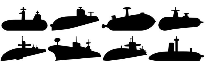 Submarine silhouettes set, large pack of vector silhouette design, isolated white background