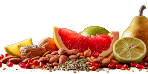 Side view of a variety of delicious cashews, almonds, walnuts and citrus fruits grapefruit, orange, pomegranate, lime. Benefits, diet, proper nutrition. Transparent background