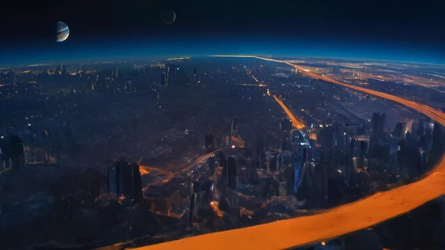 A panoramic view of a city glittering at night, taken from near the boundary of Earth's atmosphere. The distant moon and faint sunlight on the horizon create a surreal ambiance.
