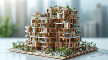 Detailed Wooden High-Rise Model with Verdant Balconies and Gardens
