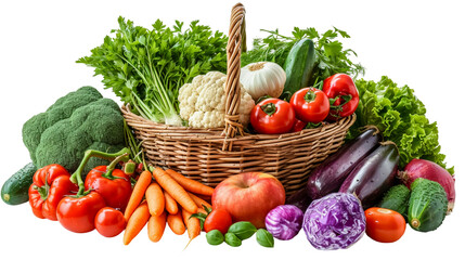 A variety of fresh vegetables cucumbers, cauliflower, cherry tomatoes, peppers, zucchini, potatoes, leeks, iceberg lettuce, garlic and carrots are stacked in a beautiful wicker basket. The benefits of