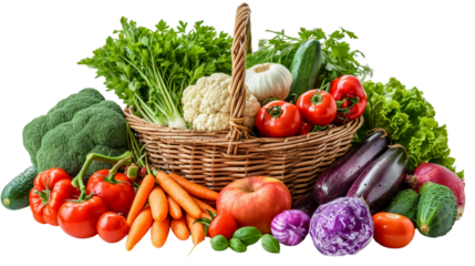 A variety of fresh vegetables cucumbers, cauliflower, cherry tomatoes, peppers, zucchini, potatoes, leeks, iceberg lettuce, garlic and carrots are stacked in a beautiful wicker basket. The benefits of