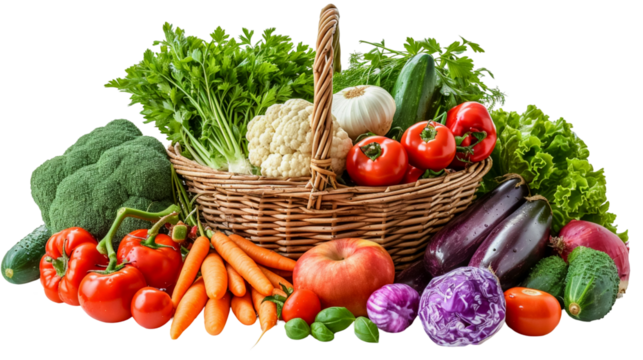 A variety of fresh vegetables cucumbers, cauliflower, cherry tomatoes, peppers, zucchini, potatoes, leeks, iceberg lettuce, garlic and carrots are stacked in a beautiful wicker basket. The benefits of