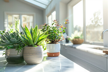 A sunlit kitchen counter is adorned with an assortment of potted indoor plants, including succulents and a snake plant, next to a window with a clear blue sky outside.