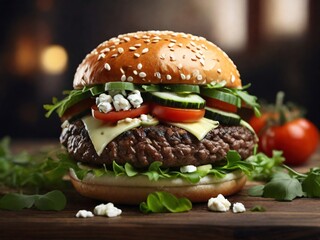 Tasty hamburger on wood background. Lots of ingredients created with AI.
