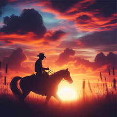 Silhouette of a cowboy riding into the sunset c4d dreamy and optimistic vibrant sky - obrazy, fototapety, plakaty