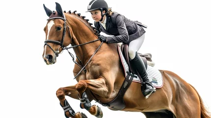 Foto op Canvas Dynamic Duo Woman and Horse Leap Over Obstacles © Photock Agency
