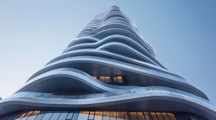 The high rise curved reflective architecture under the brightest clear sky day