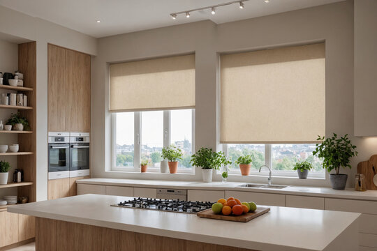 Beige blackout roller blind on windows in stylish modern kitchen. Shutters on the plastic window.