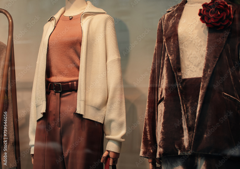 Sticker Fashion details of a white cardigan, brown velvet jacket and pants. Casual women's fashion cloth and accessories