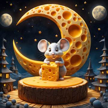Imagine a whimsical 3D cartoon of a moon made entirely of cheddar cheese, complete with intricate details that highlight the texture of the cheese. Perched on top of this cheesy moon is a tiny mouse, 