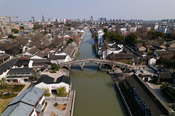A drone shot of the ancient water town in Songjiang, Shanghai, China
