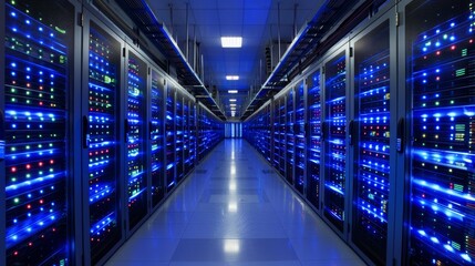 Fototapeta premium The room is filled with rows of servers.