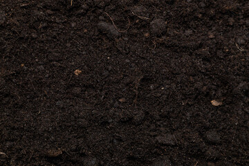 Close-up, top view of the ground. Beautiful background of fertile brown earth. Smooth background of...