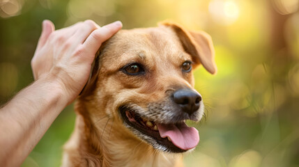 portrait of a golden retriever sits near the legs of a girl, summer day, open mouth,children's hands caress red border collie dog,international pet day
