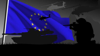 Europe is ready to enter into war, silhouette of military vehicles with the country's flag waving