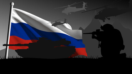 Russia is ready to enter into war, silhouette of military vehicles with the country's flag waving