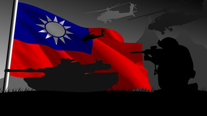 Taiwan is ready to enter into war, silhouette of military vehicles with the country's flag waving
