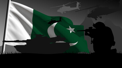 Pakistan is ready to enter into war, silhouette of military vehicles with the country's flag waving