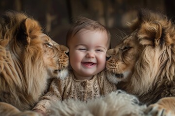 cute smiling baby getting kissed by two huge lions
