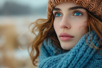 Contemplative woman wearing blue coat and knit hat - Powered by Adobe