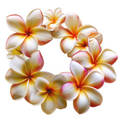 Beautiful frangipani plumeria flowers arranged in a circle on transparent background - stock png.