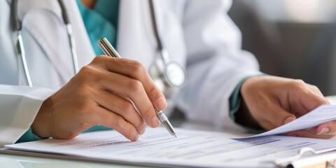 close up of doctor writing document, patient questionnaire  - obrazy, fototapety, plakaty