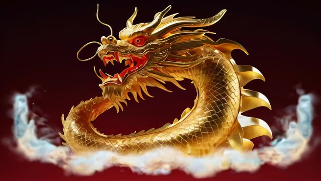 A powerful golden dragon wrapped in flames against a red background
