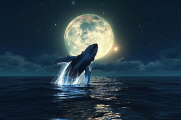majestic humpback whale breaching out of the ocean towards a giant full moon