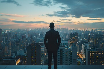 A person in a suit looking at a city skyline symbolizing financial success