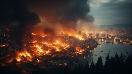 Climate Change : Urban city with wildfires burning close