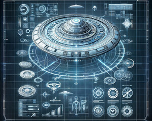 Digital infographic diagram of a futuristic flying artifact in a blue hi-tech panel. - obrazy, fototapety, plakaty