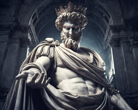 Statue of a vile roman emperor with malicious smile and his hand extended in a dark temple. Digital art.