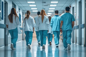 Medical team in training: Group of intern doctors walking in a hospital - obrazy, fototapety, plakaty
