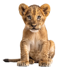 Young lion cub sitting, cut out - stock png.