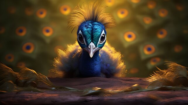 Peque&ntilde;o y encantador pavo real floral en un bosque encantado al estilo de un arte m&aacute;gico de fantas&iacute;a animal
